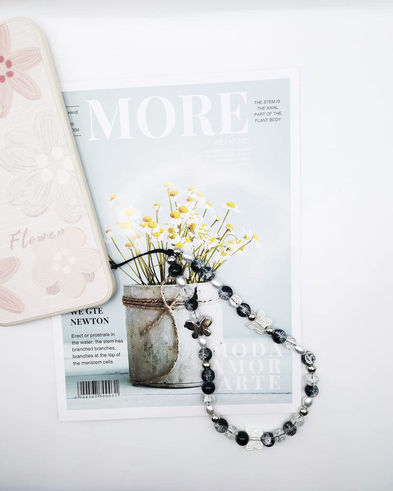 1-2 PCS Butterfly Y2K Beaded Phone Charm Black White Purple Blue Green Cute Charms Cell Phone Lanyard Strap Handmade Acrylic Flower Wrist Beads Chain Sweet Gifts for Girls Women Black Butterfly