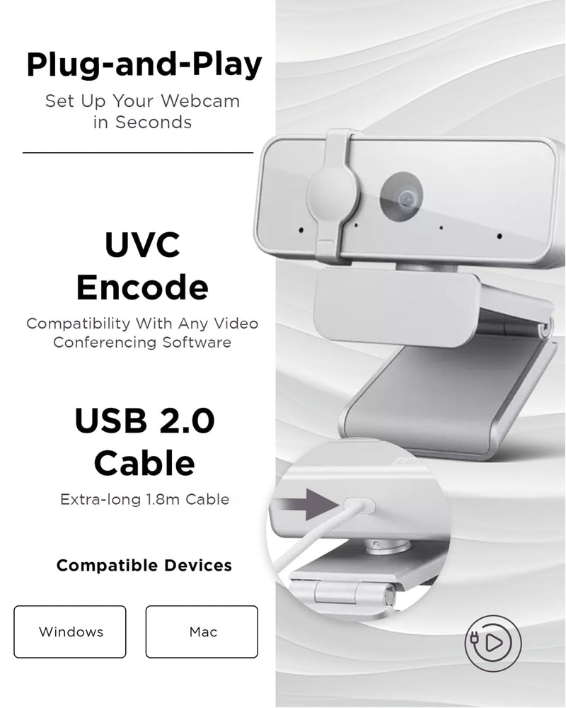 Lenovo HD 1080p Webcam (300 FHD) - Monitor Camera with 95° Wide Angle, 360° Rotation Pan & Tilt, Dual Microphones – Attachable Desktop Cam with Privacy Shutter for Remote Work, Streaming & Gaming Cloud Gray 300 FHD