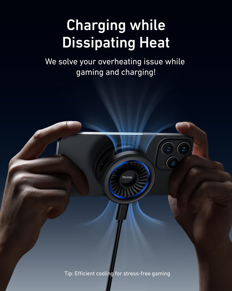 TELESIN Magnetic Phone Cooler for Gaming and Live Streaming - Fits Neck Phone Mount - Phone Cooling Fan Portable Phones Radiator for MagSafe - Supports Wireless Charging for iPhone/Android
