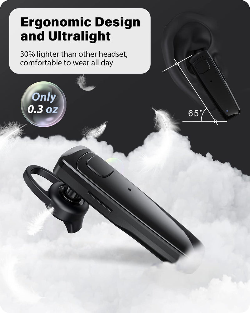 Bluetooth Headset - V5.0 Wireless Handsfree Earpiece Built-in Dual Mic Noise Cancelling, 10 Days Standby 16Hrs HD Talktime Ultralight Headset for iPhone Android Samsung Laptop(Black) Black
