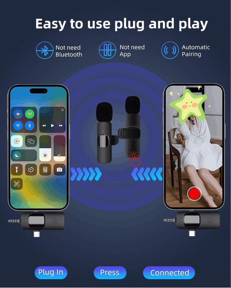 AMOOX Wireless Lavalier Microphone for iPhone Camera Live Streaming, Vlogging, Cordless Omnidirectional Clip Mic, Plug-Play Microphone for Interview Video Podcast Vlog YouTube Three in One Set