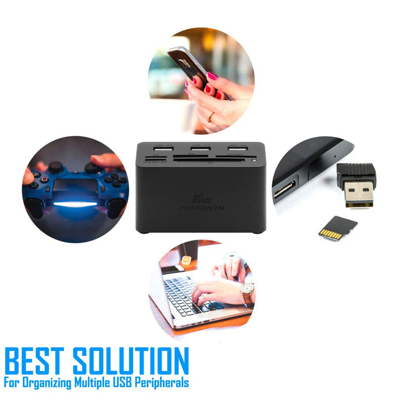 Kingwin USB HUB Adapter w/ Memory Card Reader Writer & USB 3.0 HUB Combo - Supports High Speed SD MS Micro M2 CF Card Reader For Macbook, Laptop, Desktop - Includes USB Cable 5 Gbps Speed, Black