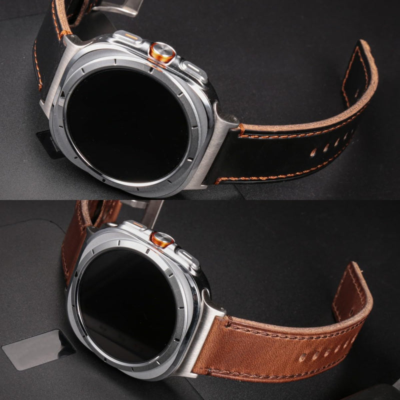 Band Compatible with Samsung Galaxy Watch Ultra 2/1 47mm (2026/2025/2024), Vintage Horween Leather Wristband Replacement Strap for Galaxy Watch Ultra Men Women Black+Natural / Silver Buckle Galaxy Watch Ultra 47mm (2026/2025/2024)