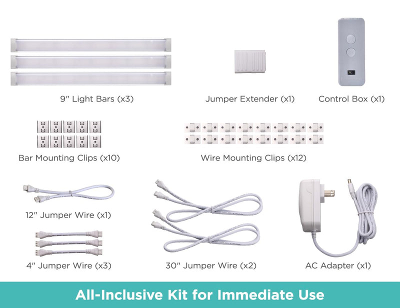 Black+Decker LED Under Cabinet Light Kit, Motion Sensor, Dimmable, Linkable, 3 Color Settings, Tool-Free, for Kitchen, Cabinets and Closets, (3) 9" Bars 9 inches 3 Bars