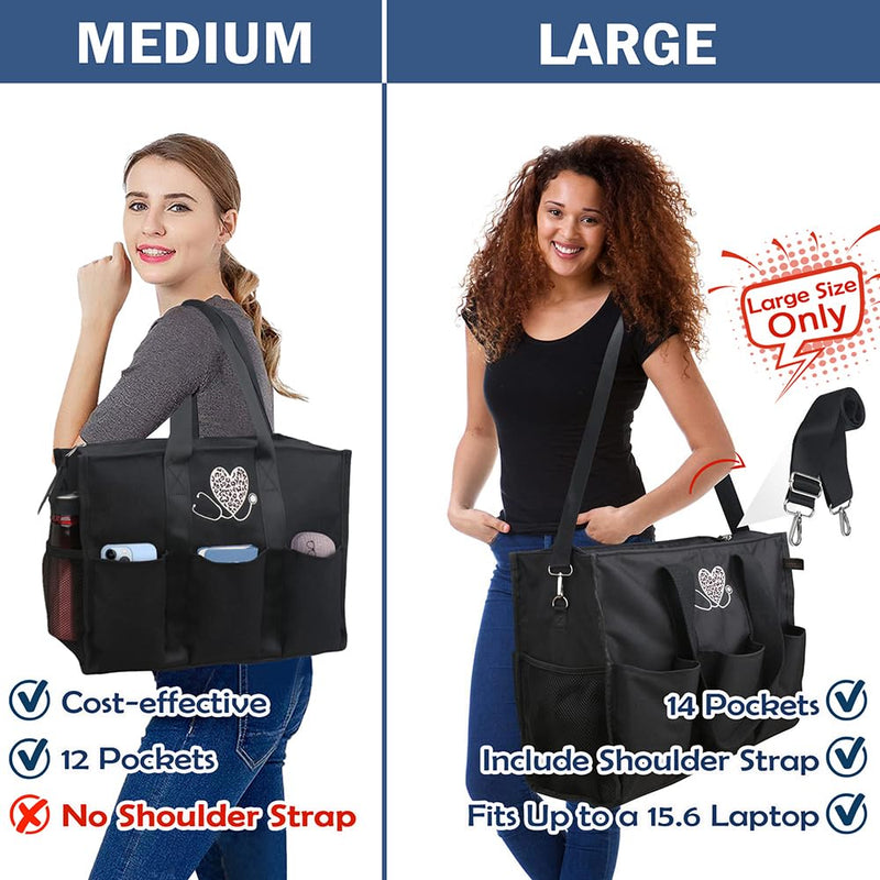 [AUSTRALIA] - ABAMERICA Nurse Bags for Work Nursing Bag Multiple Pockets Waterproof Organizing Zip Top Clinical Bag for Nursing Students B23- Nurse Black With Leopard Embroidery Medium 