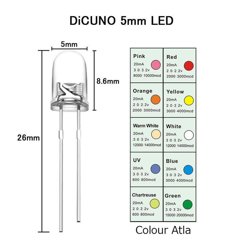 DiCUNO 5 mm LEDs, Round Head LED Diodes Set T-100 Stück (1er Pack)
