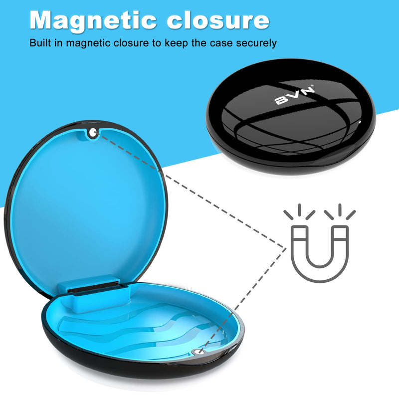 Retainer Case Orthodontic Dental Case: BVN Slim Braces Case, Mouth Guard Case, Denture Case, Teeth Aligner Case, Night Guard Case Container Storage Holder Black. Circular case Black Shell+blue Silicone Pad