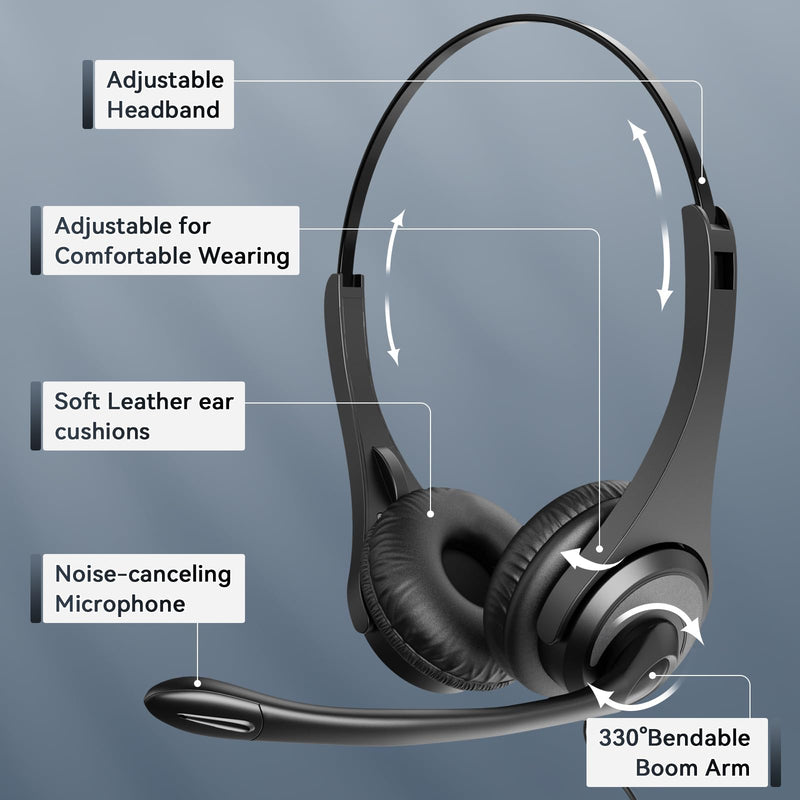 2.5mm Telephone Headset with Noise Canceling Mic & Volume Controls, Office Phone Headset for Call Center Compatible with Panasonic VTech AT&T Uniden RCA Cisco Gigaset etc Cordless Landline Phones Black-Binaural