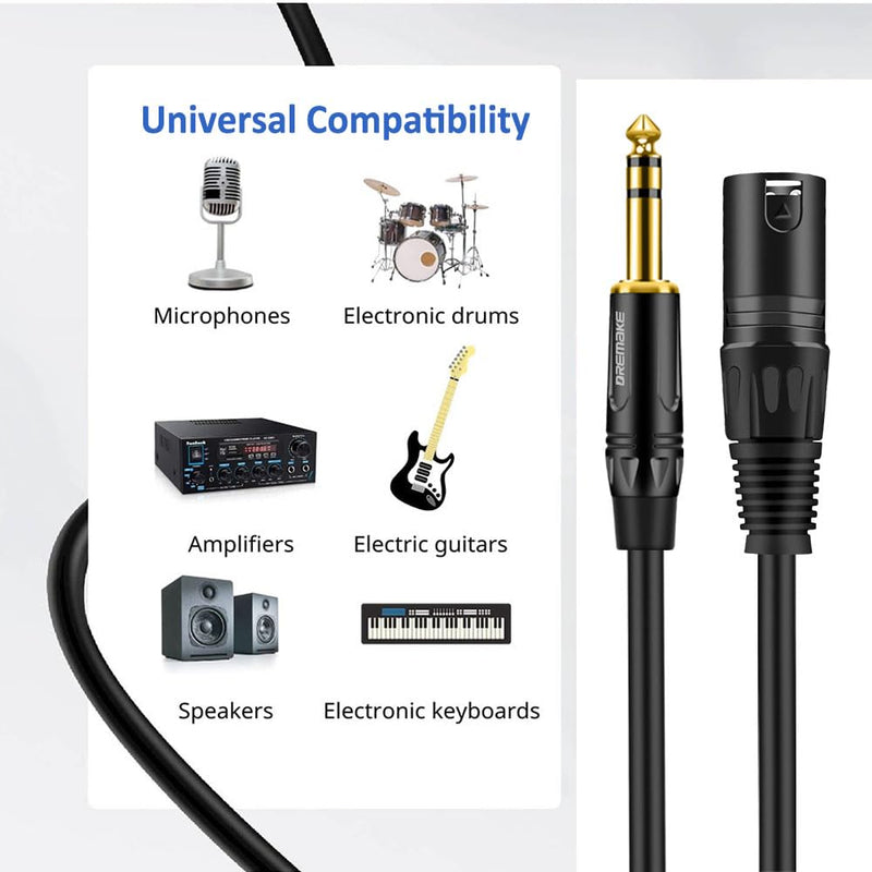 DREMAKE 50 FT 6.35 mm 1/4 Inch TRS Male to XLR Male Audio Stereo Mic Cable Gold Plated 1/4 Inch Male to XLR Male Balanced Cable for Microphones, Speakers, Stage, DJ and More - Black 50FT/15M