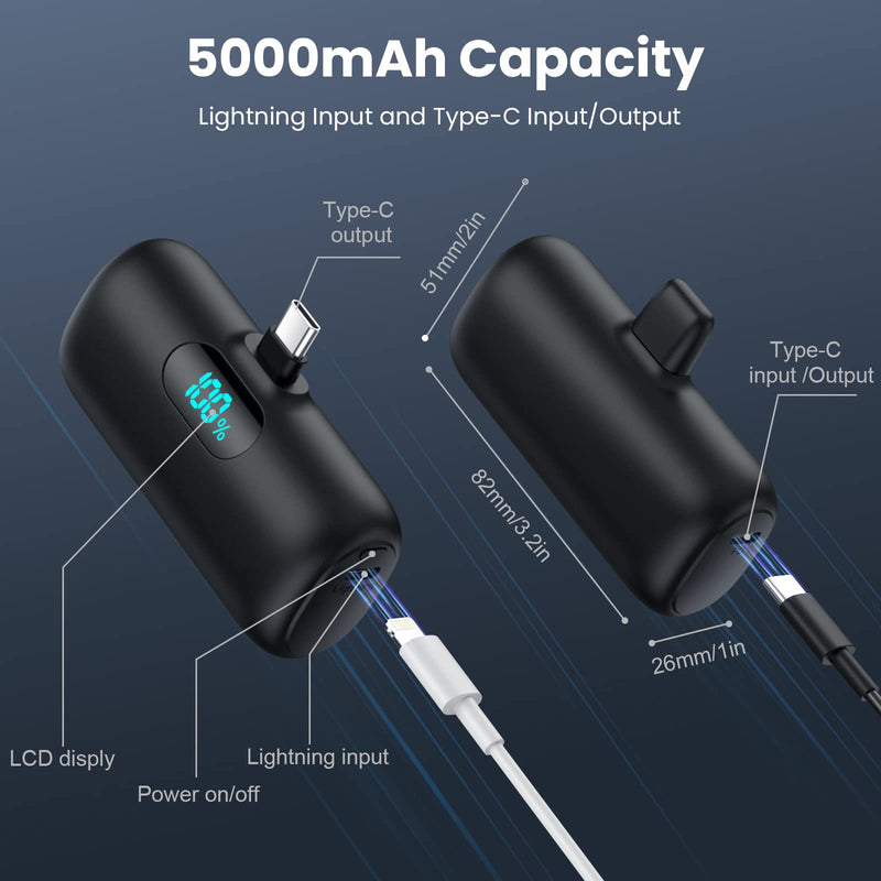 [AUSTRALIA] - Mini Portable Charger 5000mAh Power Bank,15W PD USB C Cell Phone Portable Power,LCD Display Battery Pack Compatible With iPhone 16/15/15 Plus/15 Pro/15 Pro Max/Android/Samsung/Moto/LG(Type-C Only) Black 
