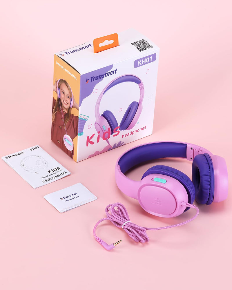 Tronsmart Kids Headphones KH01 Foldable Safety Volume 85/93dB Over-Ear Girls Boys Headphones for Kid HD Stereo 3.5mm Jack Wired Kids Headphones for Boys/Girls/School/Kindle/Travel/Tablets (Pink) Pink