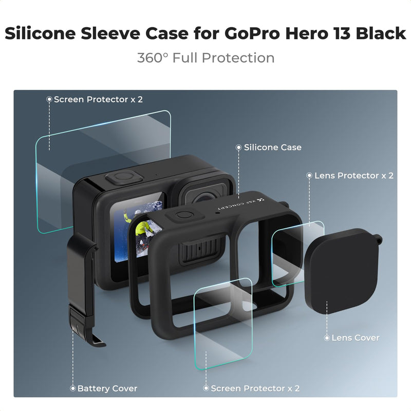 K&F CONCEPT Silicone Sleeve Protective Cover Compatible with GoPro Hero 13 Black, Battery Side Lid + Screen & Lens Protectors & Lens Caps & Lanyard Action Camera Accessories Kit