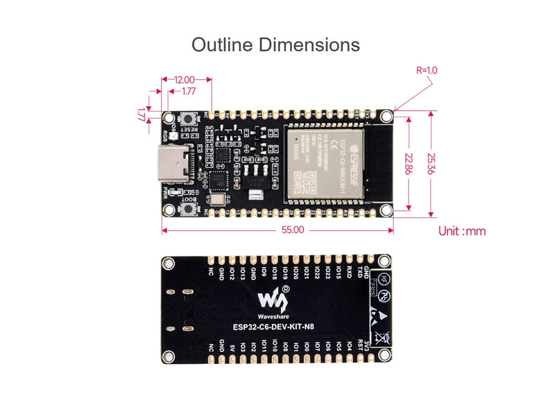 waveshare ESP32-C6 RISC-V Microcontroller Development Board Integrated WiFi 6, Bluetooth 5 and IEEE 802.15.4 (Zigbee 3.0&Thread), Adopts ESP32-C6-WROOM-1-N8 Module, Support USB and UART Development