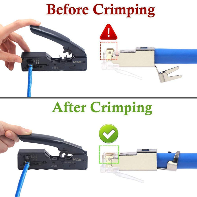 VCELINK Ethernet RJ45 Pass Through Crimping Tool Bundle with 30-Pack Nickel Plated Shielded Cat6A/Cat7 RJ45 Modular Plug with Strain Relief Boots
