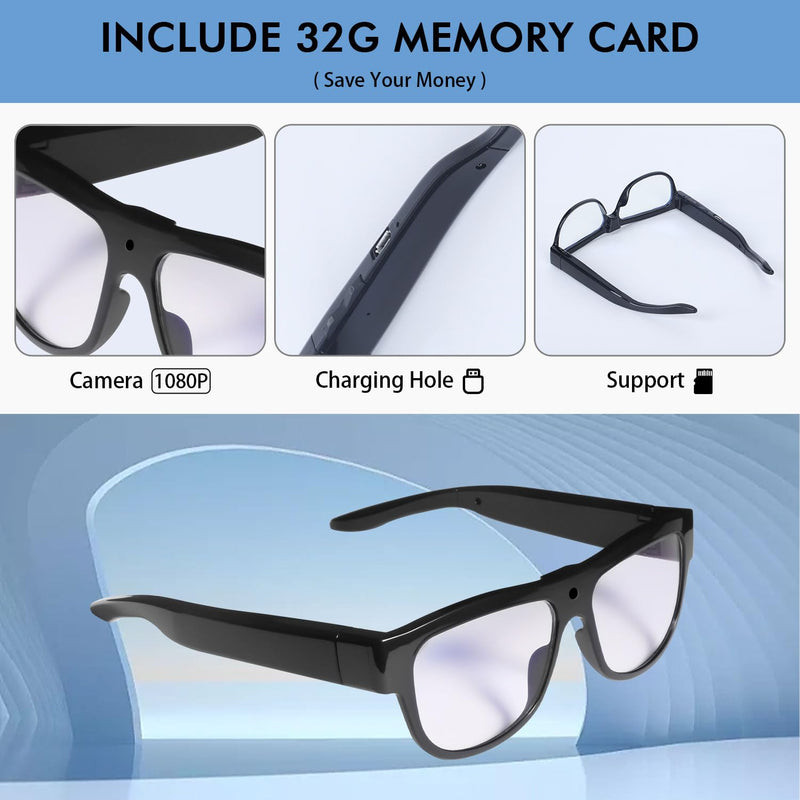 Camera Glasses Smart Video Glasses,HD 1080p Recording Outdoor Sport Glasses with Camera Wearable Eyeglass Built-in 32G Memory Card，Perfect for Outdoor Travel, Driving, and Hiking. Black