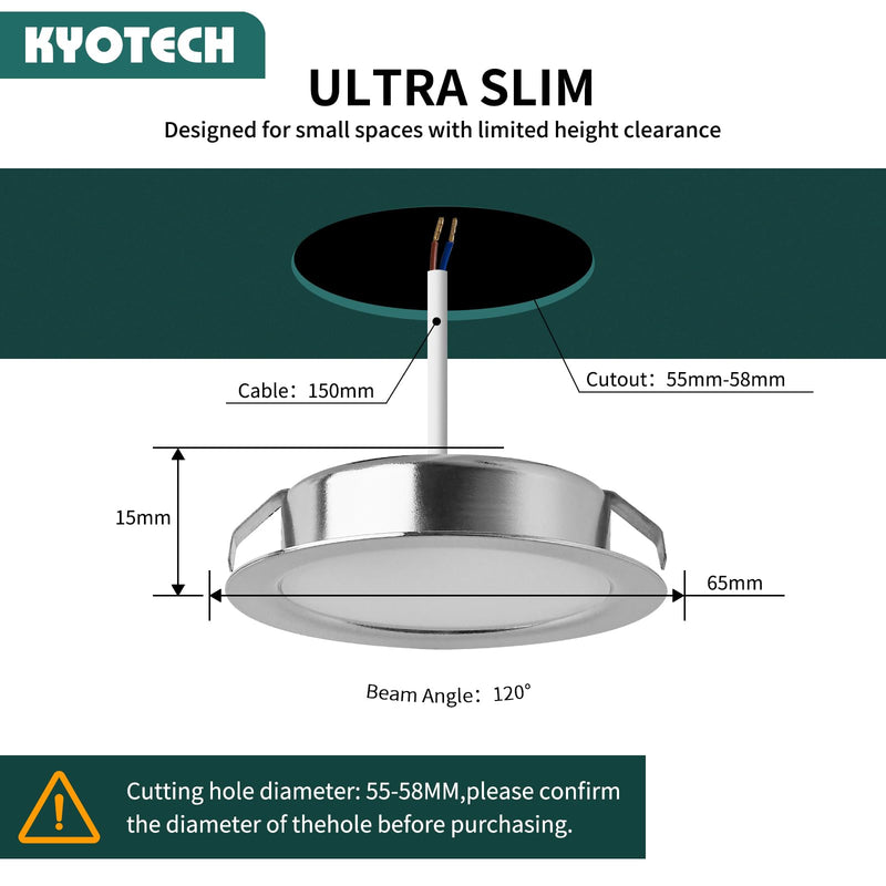 KYOTECH Set of 3 LED Furniture Lights 230 V, 3.5 W LED IP44 G4 15 mm Flat Furniture Recessed Spotlight, 3000 K Warm White, Kitchen Hood Light, Bathroom Light Recessed Spotlight Chrome