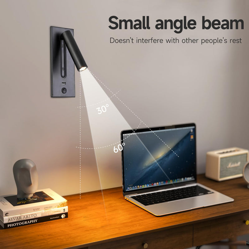 Recessed Wall Lamps Bedside Reading Light, LED Bedroom Lamp Headboard Wall Light Sconce with USB Charger, Hotel Bed Side Decorative Wall Sconces Spotlight, Warm Light, Recessed Mounting, Black