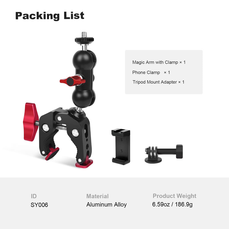 [AUSTRALIA] - Super Clamp with Dual Ballhead Magic Arm, Aluminum Camera Clamp Mount Kit for DSLR Action Camera/Phone/Monitor/Video Light/Microphone, Camera Mount for Tripod/Desk/Tube (SY006) 