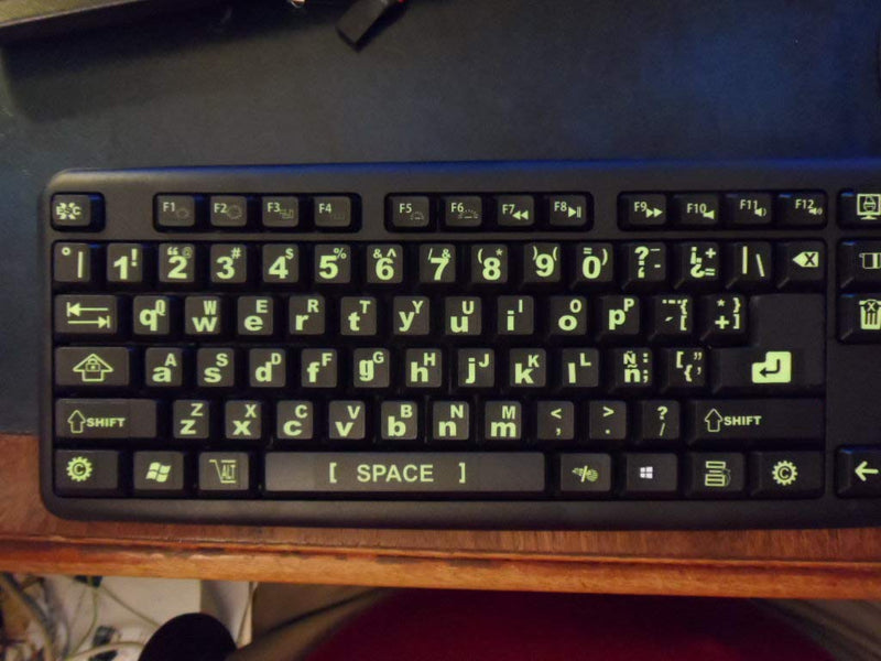 Spanish/English Keyboard Stickers with Fluorescent Inlays. Large Symbols Will Not Wear, Smudge or Fade. for All Laptop and Desktop Keyboards Also Free USB LED Light (White).