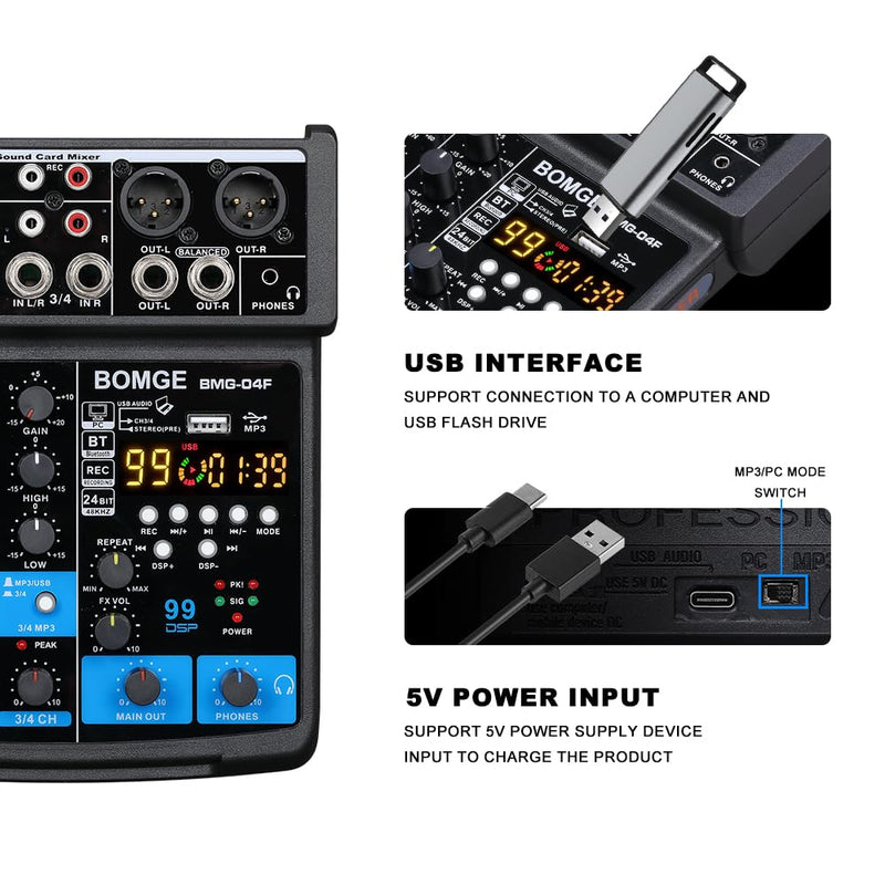 [AUSTRALIA] - BOMGE 4 Channel mini DJ Audio Sound Mixer Interface with MP3、 USB, Bluetooth, Stereo Recording, 48V Phantom Power, 99 DSP for karaoke, performance, church singing, podcas streaming BLACK-04F 