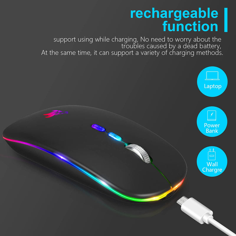 [AUSTRALIA] - HOTLIFE LED Wireless Mouse, Slim Rechargeable Silent Portable USB Optical 2.4G Wireless Bluetooth Two Mode Computer Mice with USB Receiver and Type C Adapter (Black) Black 