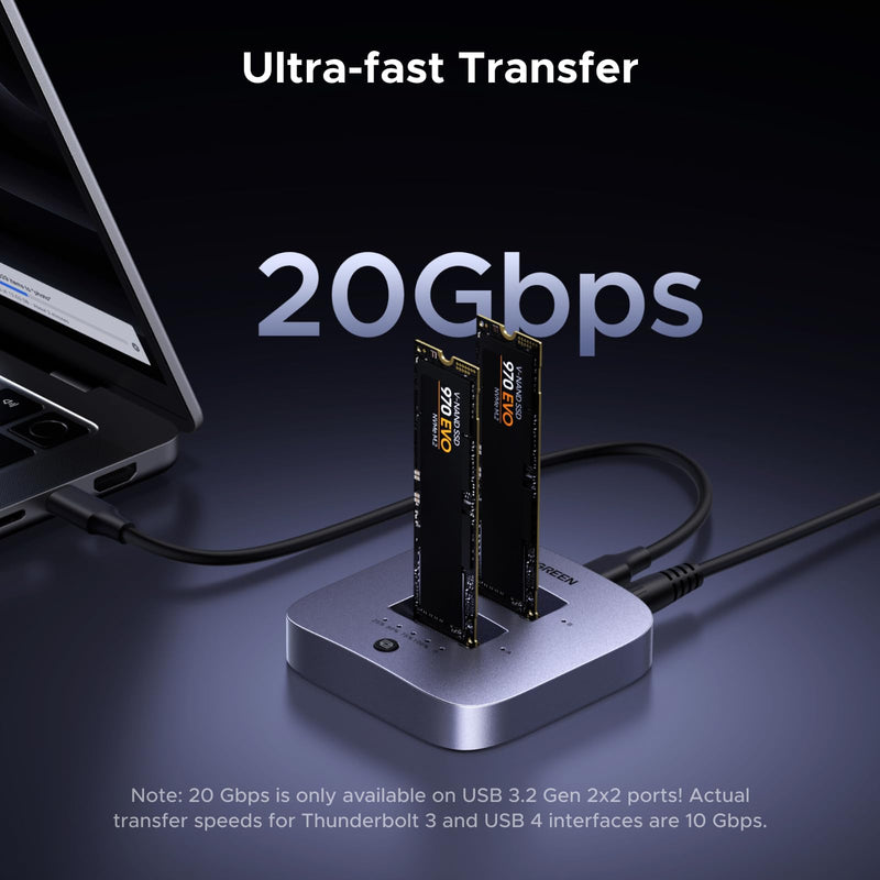 UGREEN 20Gbps Cloner, M.2 Duplicator Dual Bay NVMe Enclosure | Tool-Free USB3.2 Gen 2X2 to USB Adapter M.2 Docking Station for M Key PCIE NVMe SSD Reader Supports Offline Clone Up to 16TB