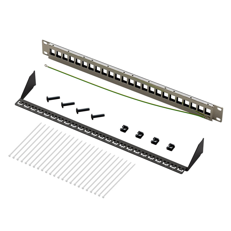 FGB 1U Patch Panel 24 Port for Keystone Modules with 12 Pieces Blank Keystone Inserts, 19 Inch Rack Installation or Wall Mounting Patch Panel with Rear Strip, Compatible CAT5 CAT6 CAT7 CAT8 Network