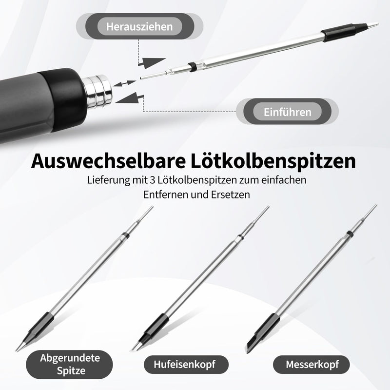 [AUSTRALIA] - KKMOL Battery Soldering Iron Set, USB Rechargeable Soldering Iron with LCD, Temperature Adjustable 330 °C - 450 °C, 3 Soldering Tips, Soldering Wire, Soldering Paste, Professional Safe Complete Gray 