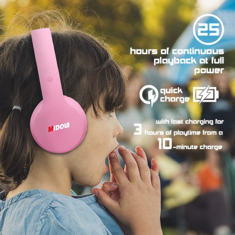 Headphones Bluetooth Wireless Kids Volume Limit 85dB /110dB Over Ear Foldable Noise Protection Headset/Wired inline AUX Cord Mic for Children Boy Girl Travel School Phone Pad Tablet PC Pink