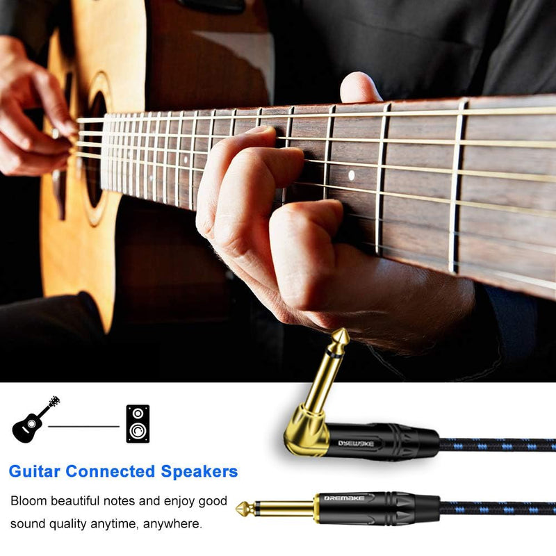 DREMAKE Cable 1/4" (6.3mm) Straight to Right Angle, Black/Blue Braided Tweed 1/4 Inch to 1/4 Inch Patch Cord, 25FT Instrument Guitar Cable for Keyboards, Electric Mandolin, Pro Audio to Amp 25FT/7.5M Black&Blue