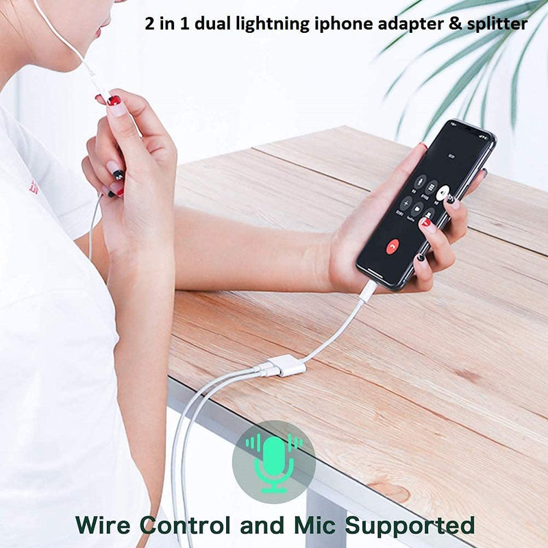 [Apple MFi Certified] 2PACK iPhone Lightning to 2 Lightning Adapter, Dual Lightning AUX + Charger Adapter Dongle Cable Splitter Compatible with iPhone 12/11/SE/X/XR/XS/8/7/6 Support Call + Charging White