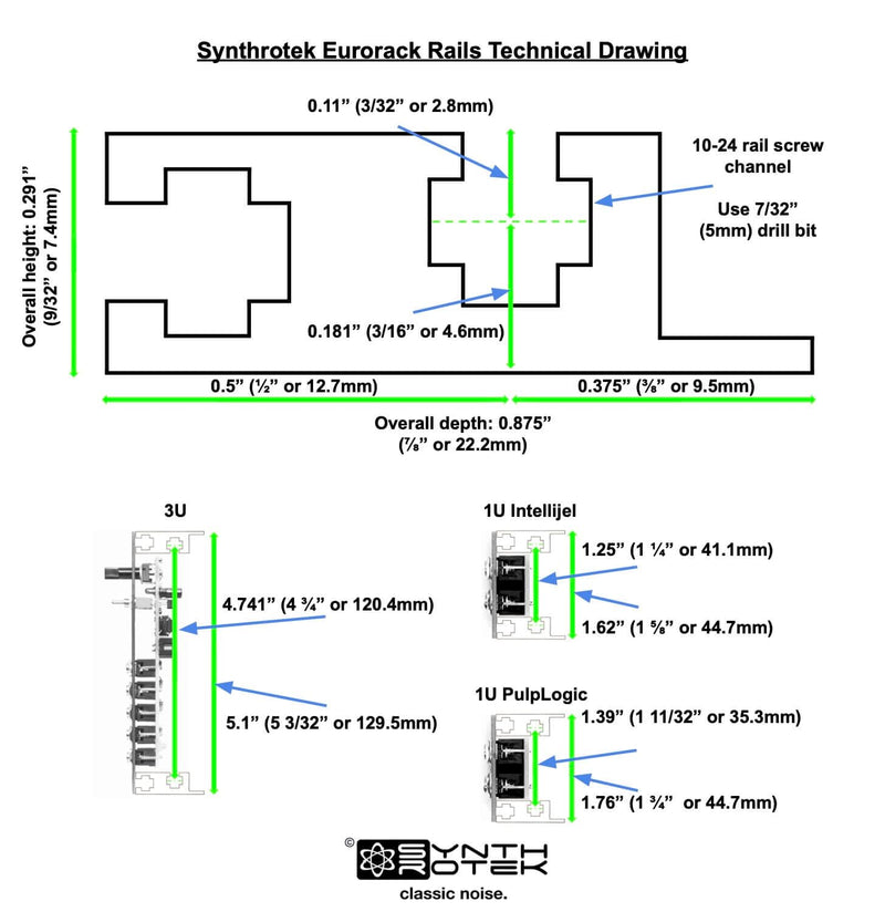 3U Eurorack Bracket Ears 104HP Rails, 50 Slide Nuts by Synthrotek: Modular Rackmount Ears