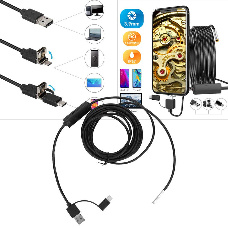 BOROCO 720p HD Endoscope Camera with Light, Waterproof Endoscope Camera Type-C USB Mobile Phone, Lens High Definition for Smartphone Tablet Device (5 m Snake Cable)