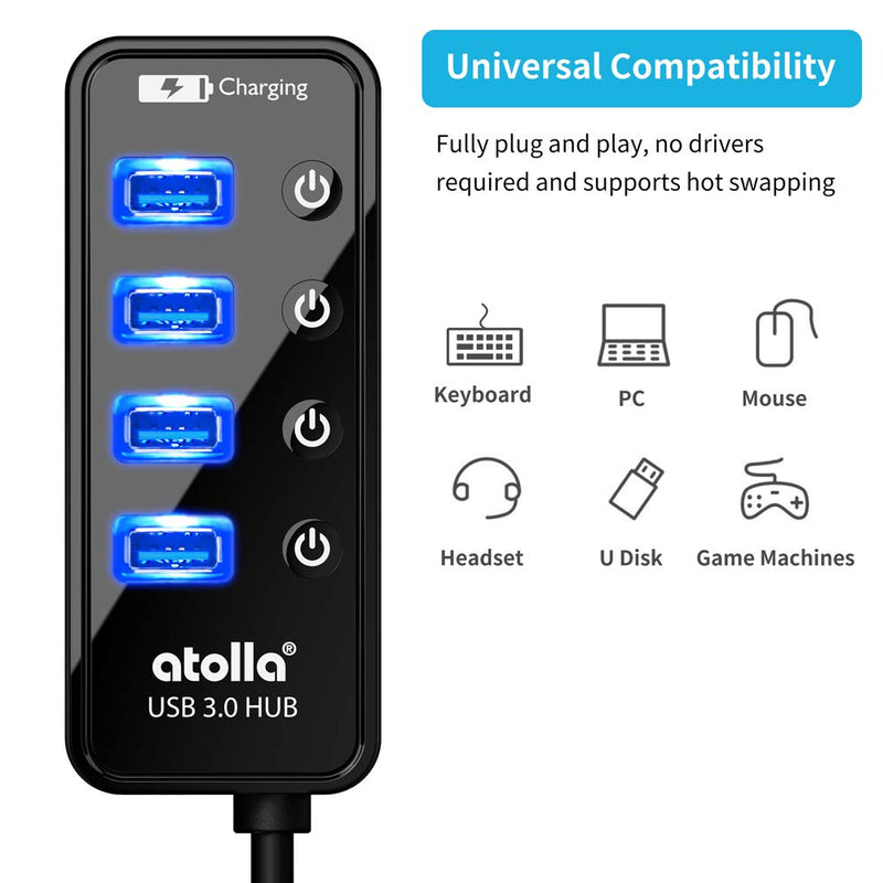 Powered USB Hub, atolla 4-Port USB 3.0 Hub with 4 USB 3.0 Data Ports and 1 USB Smart Charging Port, USB Splitter with Individual On/Off Switches and 5V/3A Power Adapter