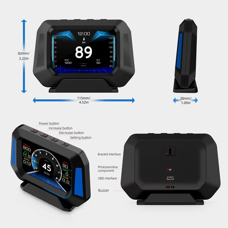 [AUSTRALIA] - Obd2 Gauge Display P21, Heads Up Display for Cars, Displaying Multiple Functions, Speedometer, Slope Meter, Suitable for All Car 