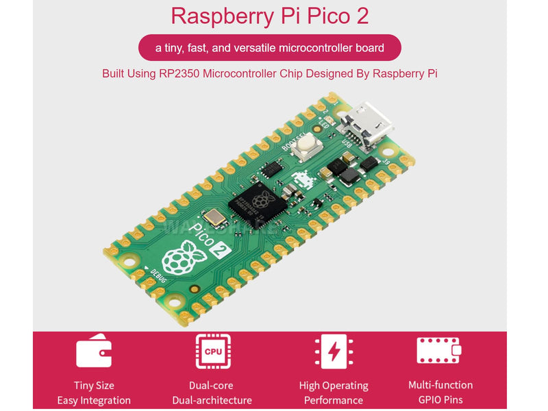 Pre-Soldered Raspberry Pi Pico 2 with Header RP2350 Microcontroller Board Mini Board Kit Based on RP2350 Chip, Dual-Core & Dual Architecture, Support C/C++/Python