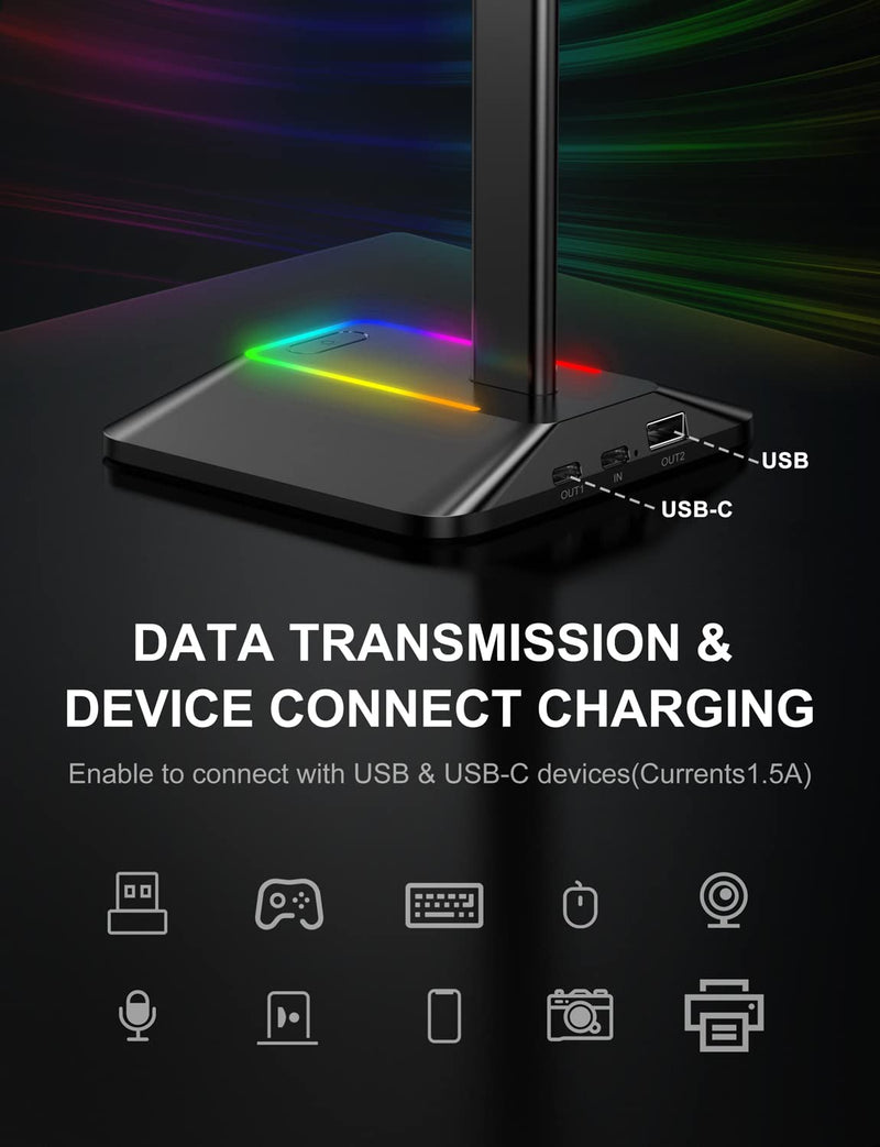 New bee RGB Headphone Stand with 1 USB-C Charging Port and 1 USB Charging Port, Desk Gaming Headset Holder with 7 Light Modes and Non-Slip Rubber Base Suitable for All Earphone Accessories (Black) Black