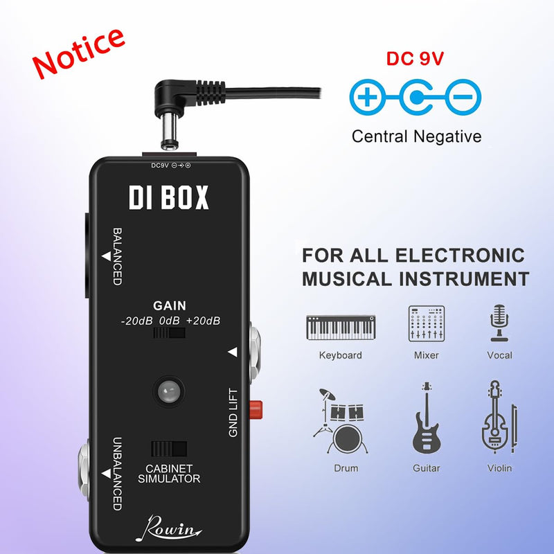 Rowin Guitar Bass Passive DI Box Instrument to Balanced and Unbalanced Micro Direct Box Pedal