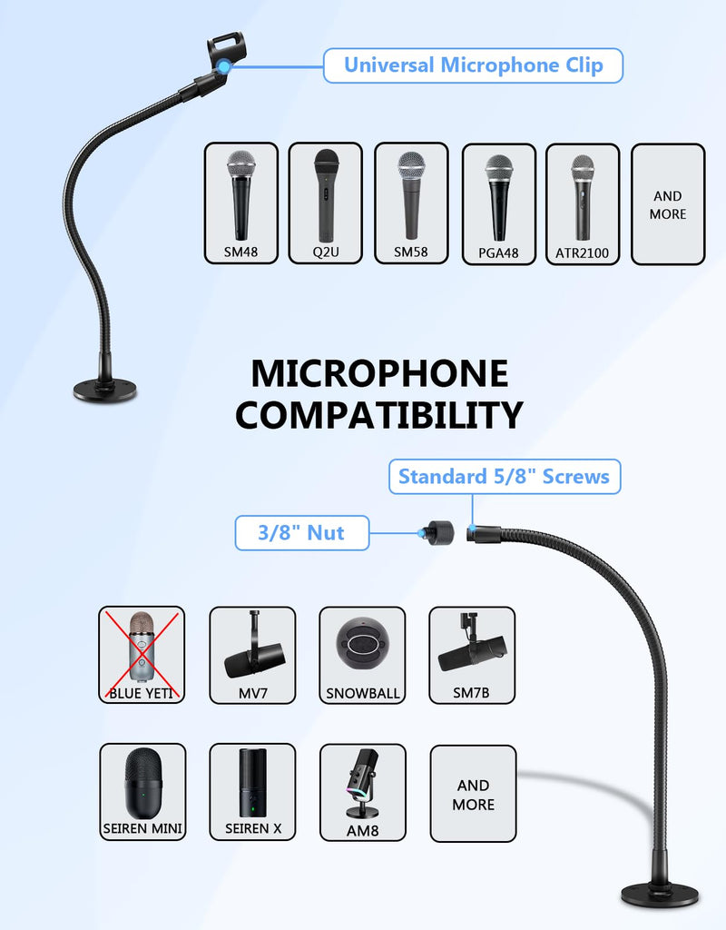 [AUSTRALIA] - 19" Gooseneck Mic Stand with Wall & Desk Flange Mount - Heavy-Duty Adjustable Microphone Arm, Universal Mic Holder & Cable Ties, 5/8 to 3/8 Adapter, Ideal for Podium, Podcasting Studio and Streaming 19-inch + Flange Mount 