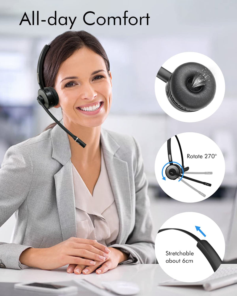 HUAKUA Bluetooth Headset with Microphone, Single Ear Trucker Headset Noise Cancelling Wireless Headset with Mute Function Clear Sound for Cell Phones PC Laptop Home Office (Headset)