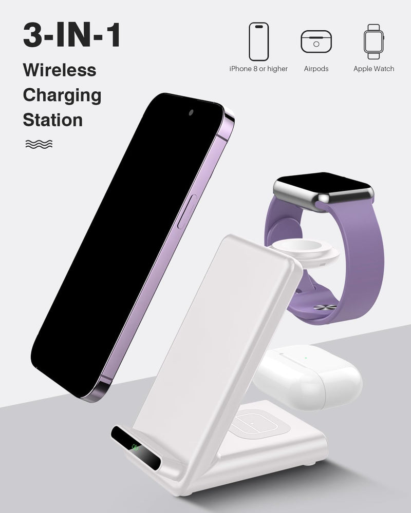 Wireless Charging Station,3 in 1 Wireless Charging Stand Made for Apple Watch Ultra 9 8 7 6 SE 5 4 3,Fast Wireless Charger Made for iPhone 15/Plus/Pro Max/14/13/12/11/X,for AirPods Pro(with Adapter) White