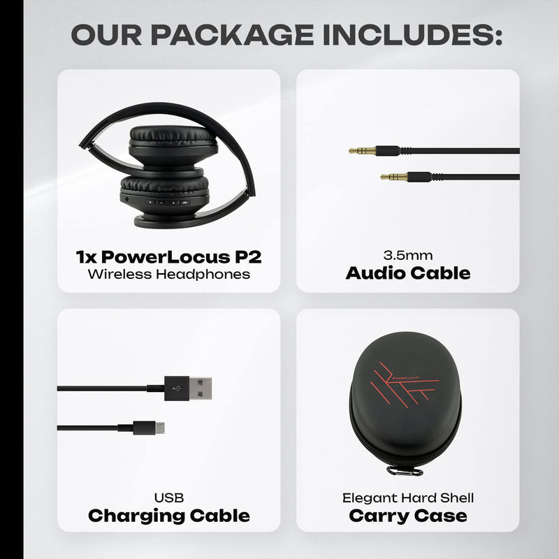 PowerLocus Bluetooth Headphones Over Ear, Foldable Headphones Wireless, Micro SD/TF, FM Radio for Travel/Tablets/PC (Black and Grey Carry Case)