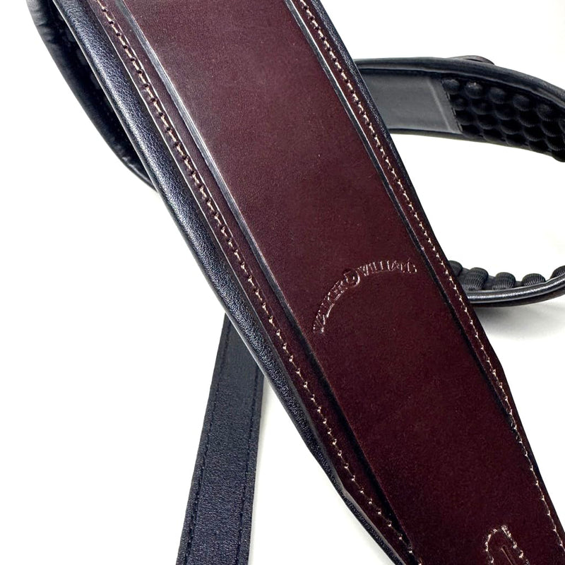 Walker And Williams FPB-43 Super Premium Full Length Grain Leather Air Cell Neoprene Backed Guitar Strap In Dark Hickory Brown Finish, Aged Nickel Buckle For Acoustic, Electric, And Bass Guitars.