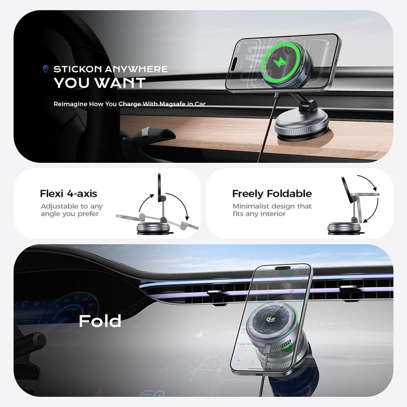 Qi2.2 Magnetic Car Mount Charger【25W Fast Charging+Ice-Cooling】 360° Rotating Fast Wireless Charger Stand with Cooling Fan/LED Light,Vacuum Magnetic Phone Holder Compatible with iPhone 12-17, S26/S25 Stand+Cooling Charging Pad