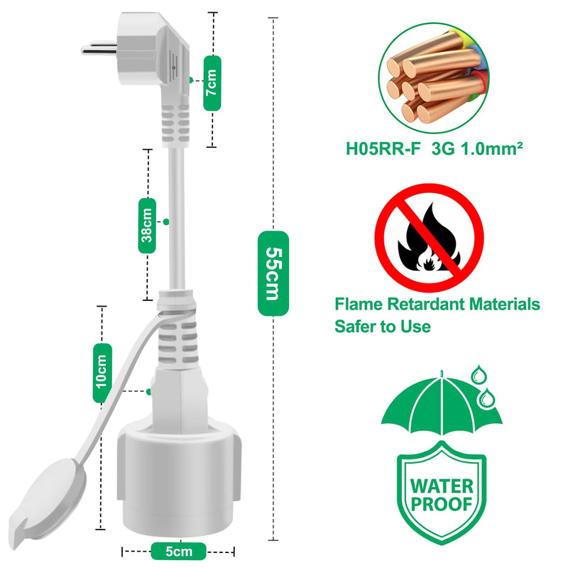 [AUSTRALIA] - HuaLiSiJi Schuko Extension Short 90 Degree Protective Contact Extension Cable 16 A / 250 V Short Cable 2 AC for IP44 Socket for Outdoor or Indoor Use, Home, Office (White, 0.5 m) 0.5m White 