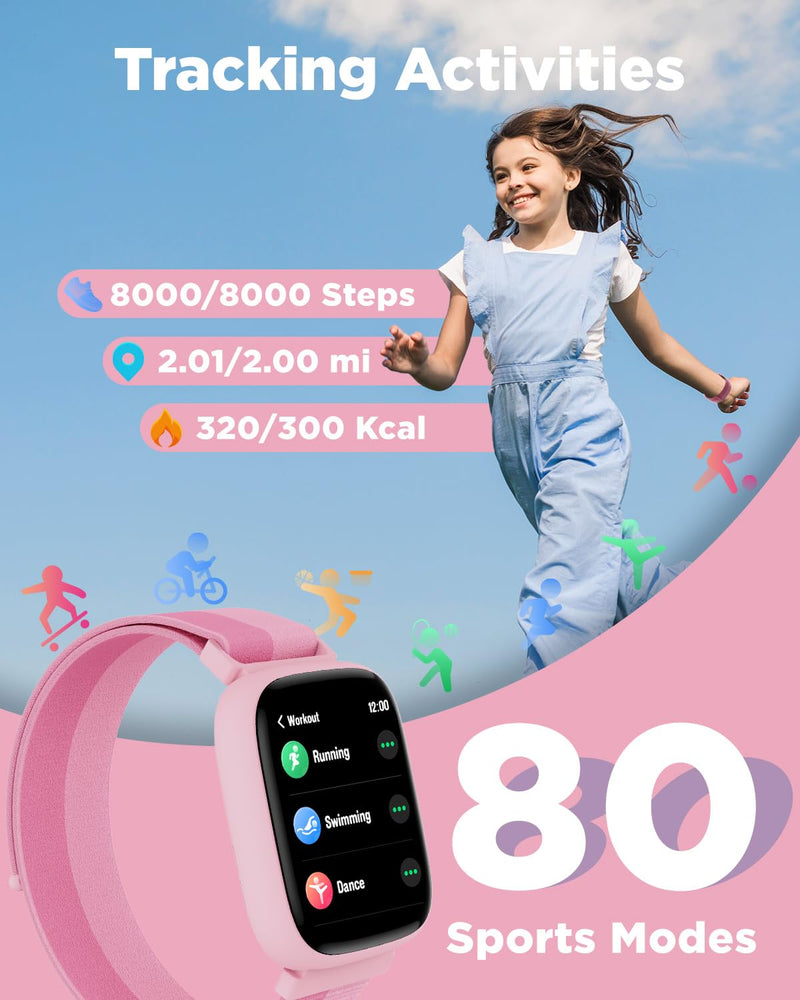 BIGGERFIVE Smart Watch for Kids, 1.8" Fitness Tracker Watch with Pedometer | Heart Rate, Sleep Monitor, IP68 Waterproof, Step Counter, Puzzle Games with/without App for Girls Teens 5-16，Nylon Single Strap Nylonpink