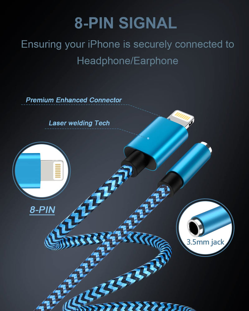 2-Pack Lightning to 3.5mm Aux Adapter, Headphone Adapter for Aux Cord [Apple MFI Certified] 3.5mm Jack Aux Audio Adapter Dongle for iPhone 14 13 12 11 Pro Max Plus Mini XR XS 8 iPad iPod 2*Blue, Purple