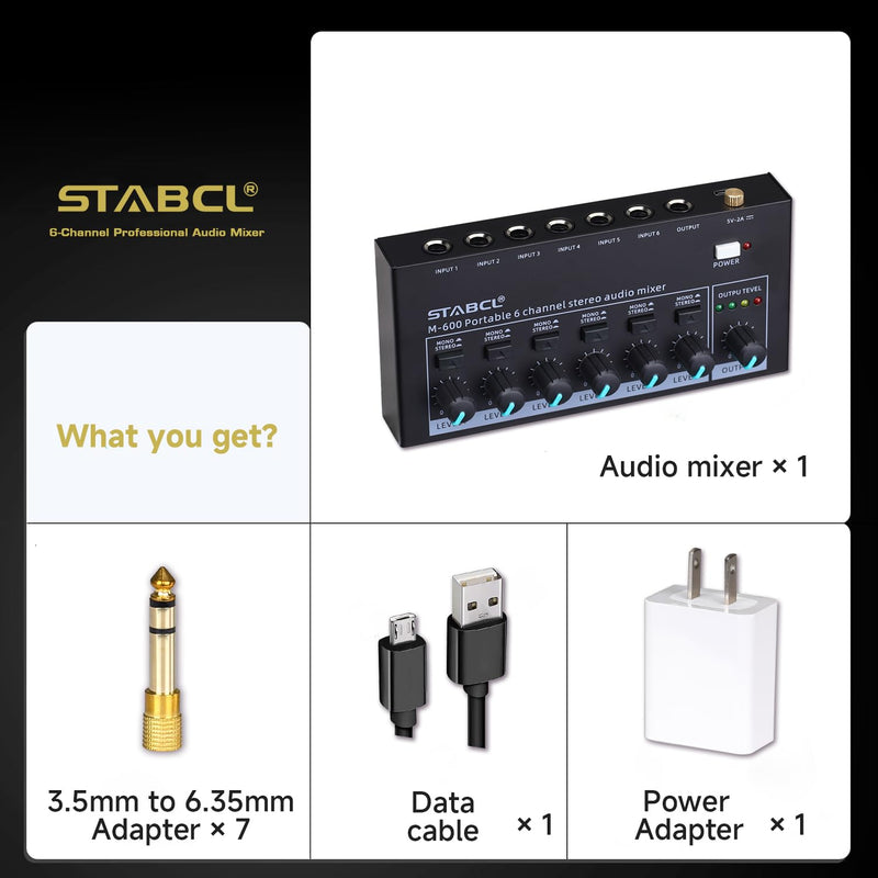 Mini 6-Channel Audio Mixer with 7 pcs 6.35mm to 3.5mm Adapter Jack, Stereo Line Mixer for Sub-Mixing, Multi-Input (Mic/Guitar/Keyboard/Bass), Powered by 5V DC