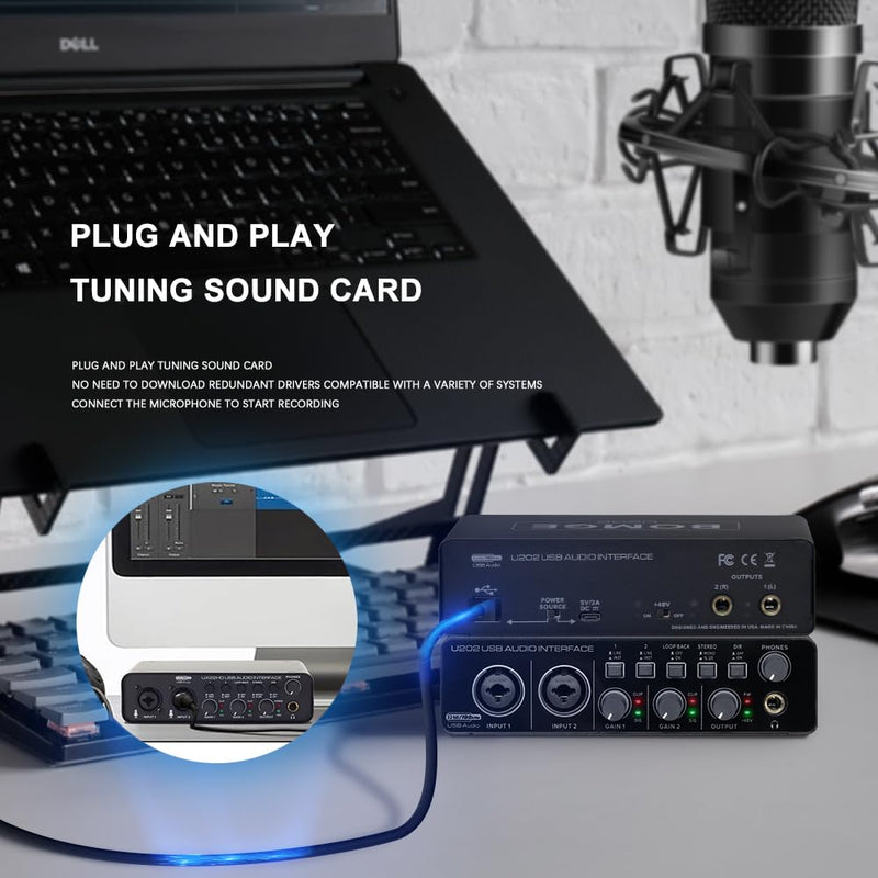 BOMGE U202 USB Audio Interface with Mic Preamplifier XLR/TSR/TS Ports,48V,32-Bit/192kHz Resolution fro computer recording,Streaming,Podcasting