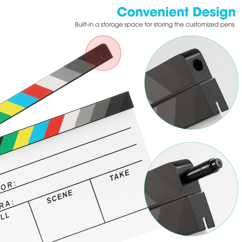 Acrylic Movie Film Directors Clapboard, Photography Video TV Cut Action Scene Slate Clapper Board Props with a Magnetic Blackboard Eraser, Two Custom Pens, Cleaning Cloth and Hex Wrench, White